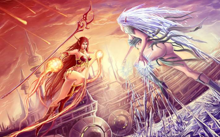 ice and fire, woman, fight, stick, magic, рисунок, магия